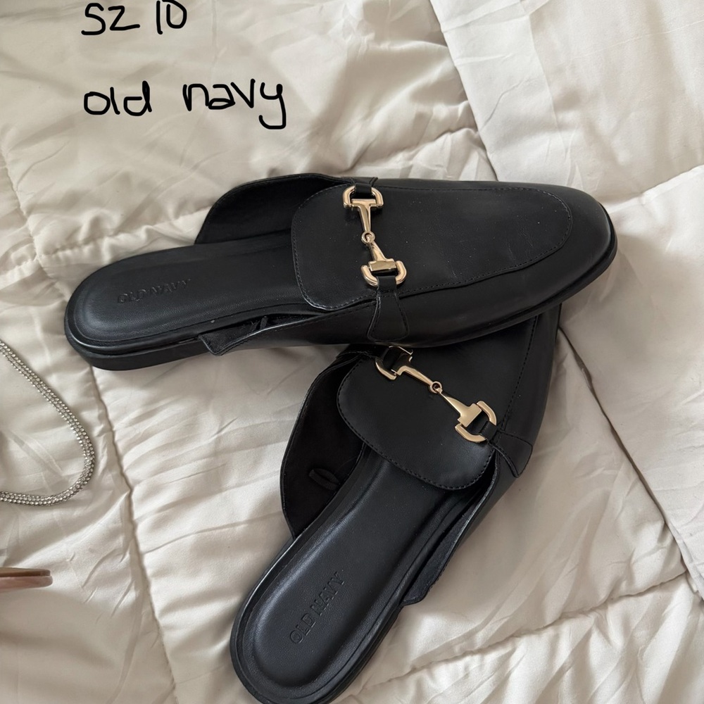 Old Navy Black Slip-On Mule Loafers with Gold Horsebit
